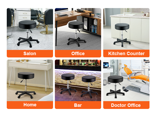 VEVOR rolling stools in salon, office, kitchen, home, bar, and doctor office settings.