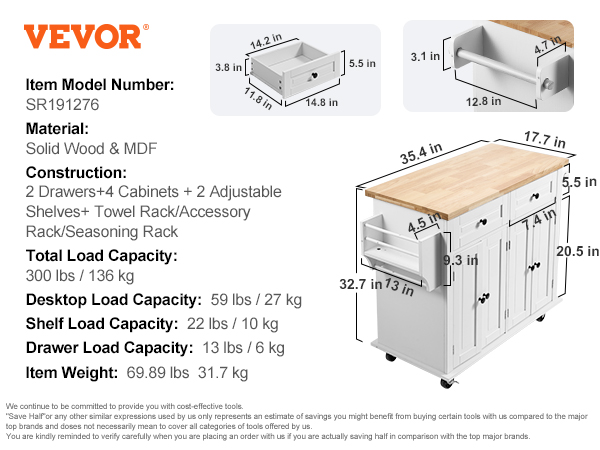 VEVOR kitchen island cart with wood top, 2 drawers, 4 cabinets, adjustable shelves, towel rack.