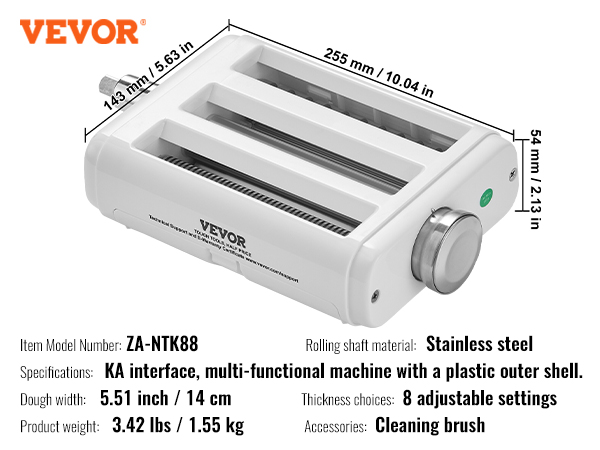 VEVOR pasta attachment, model za-ntk88, stainless steel shaft, 8 adjustable settings, cleaning brush included.
