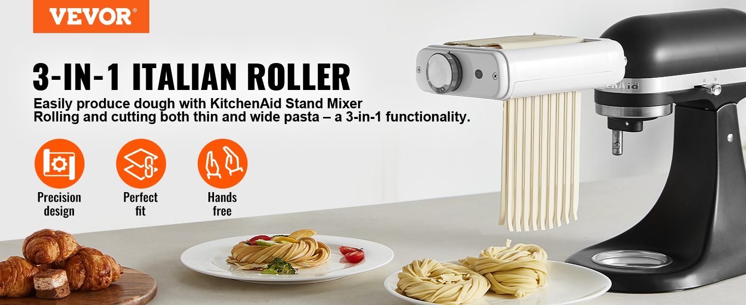 VEVOR pasta attachment 3-in-1 italian roller with kitchenaid stand mixer, making pasta easily.