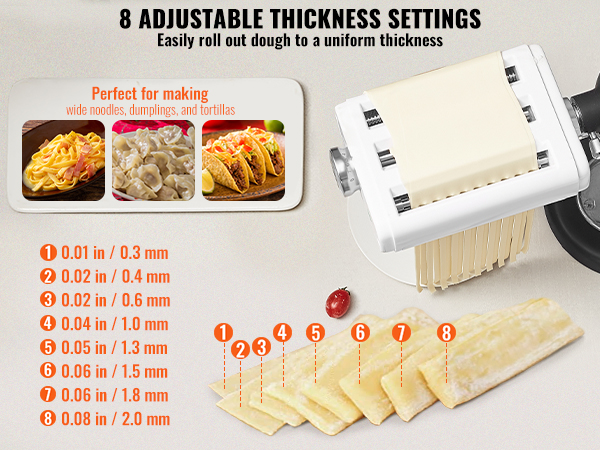VEVOR pasta attachment with 8 adjustable thickness settings for noodles, dumplings, and tortillas.