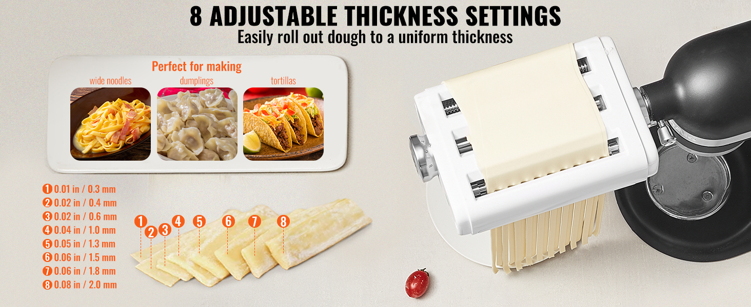 VEVOR pasta attachment with 8 adjustable thickness settings for noodles, dumplings, and tortillas.