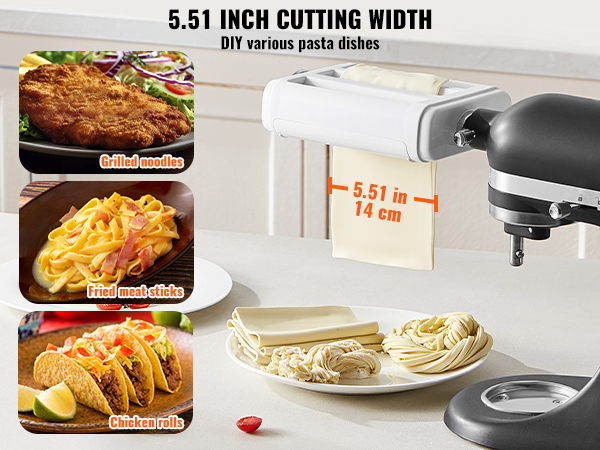 VEVOR pasta attachment with 5.51-inch cutting width, diy various pasta dishes, grilled noodles, chicken rolls.