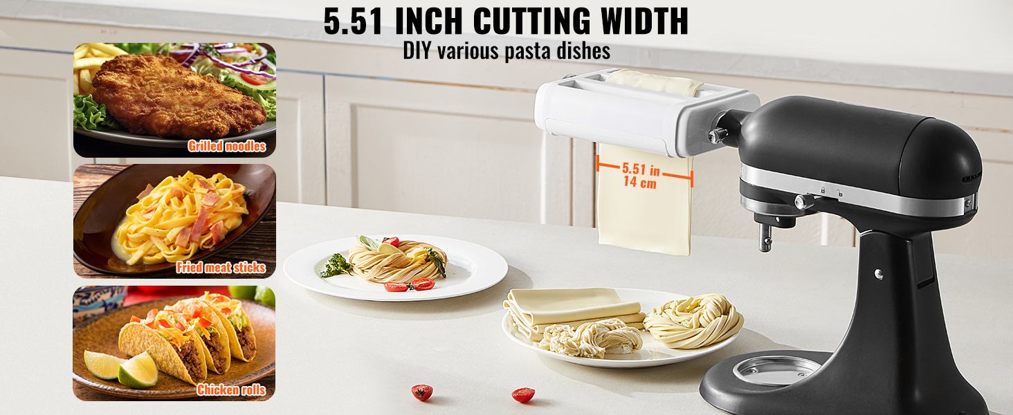 VEVOR pasta attachment with 5.51-inch cutting width, diy various pasta dishes, grilled noodles, chicken rolls.