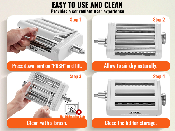 VEVOR pasta attachment cleaning steps: push to detach, air dry, brush clean, store securely.