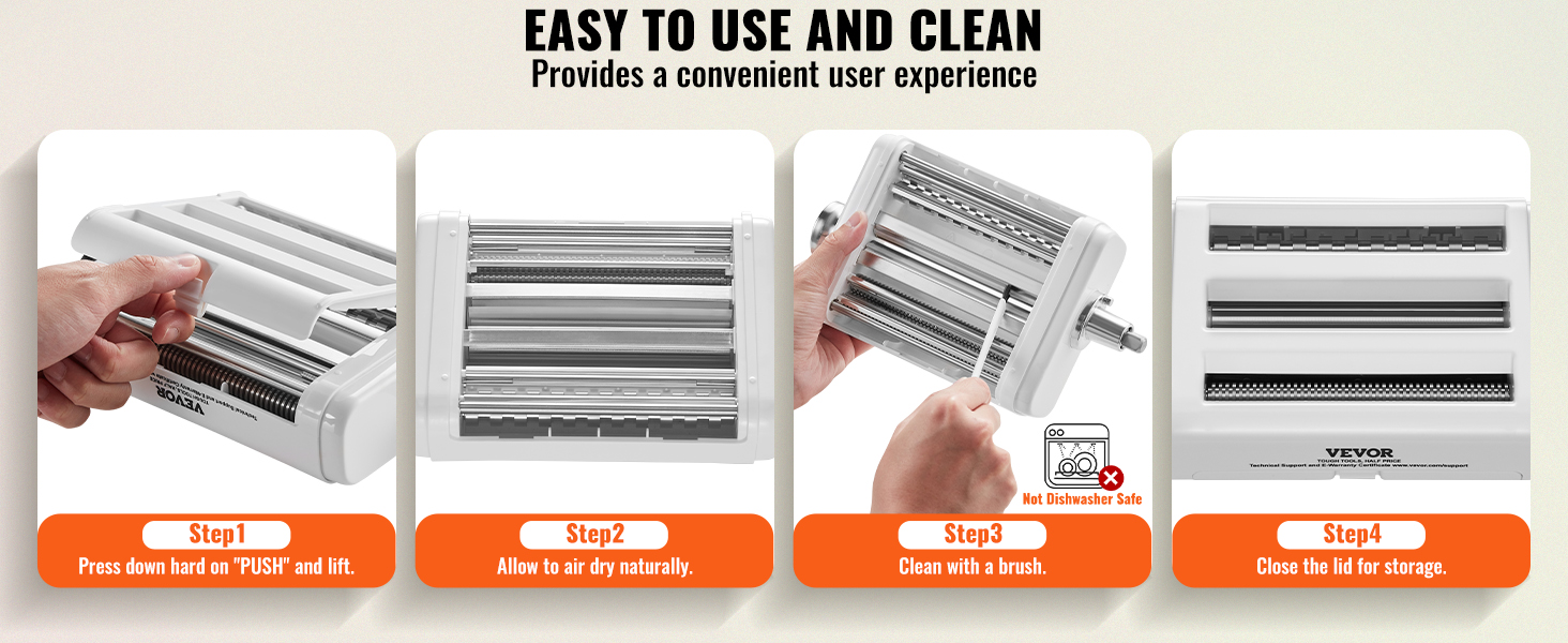 VEVOR pasta attachment cleaning steps: push to detach, air dry, brush clean, store securely.