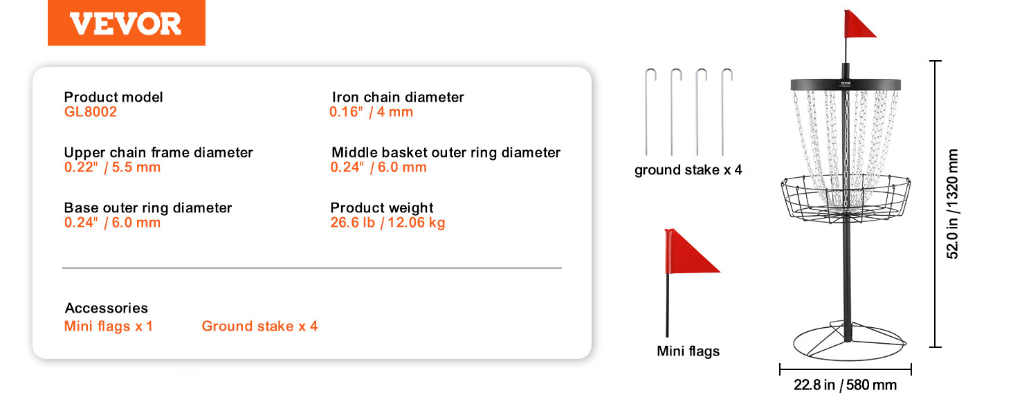 VEVOR disc golf basket gl8002, 52.0 in height, 22.8 in base width, includes mini flags and ground stakes.