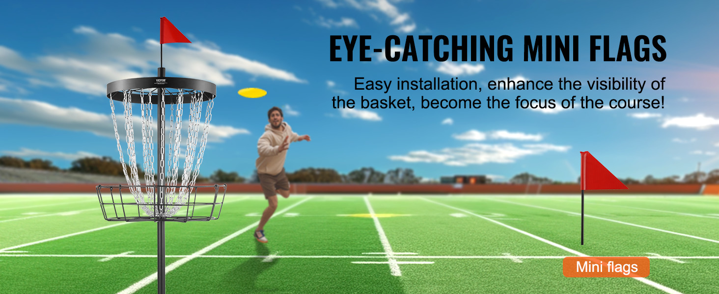 VEVOR disc golf basket with red flag on sports field, player throwing disc in the background.