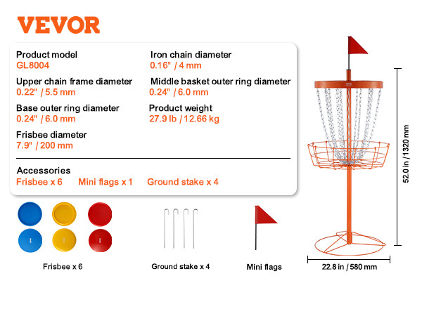 VEVOR disc golf basket with 6 frisbees, mini flags, and ground stakes. 52 in height, 22.8 in base.