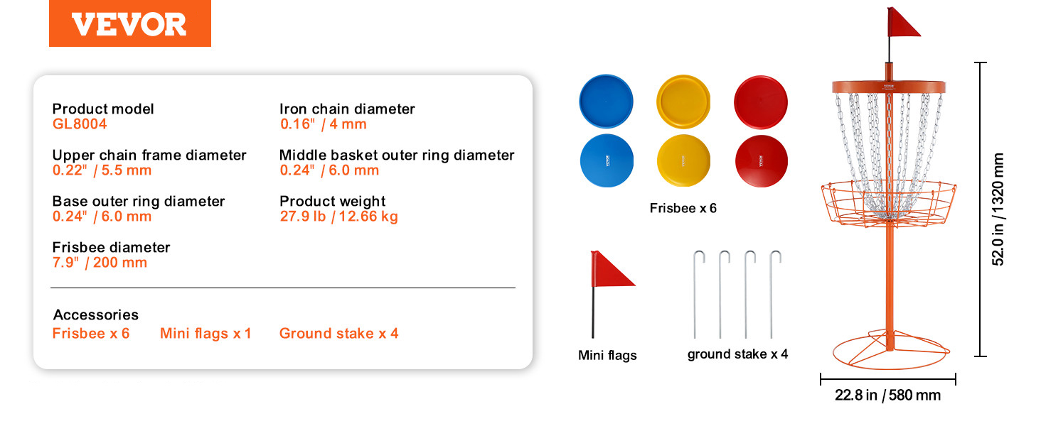 VEVOR disc golf basket with 6 frisbees, mini flags, and ground stakes. 52 in height, 22.8 in base.