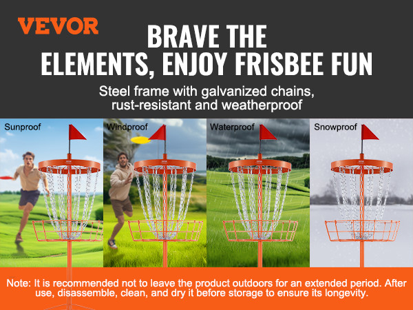 VEVOR disc golf basket with steel frame, galvanized chains, rust-resistant and weatherproof.
