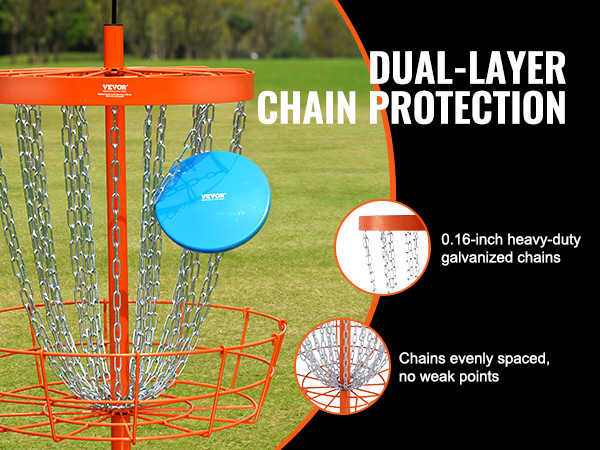 VEVOR disc golf basket with 0.16-inch heavy-duty galvanized chains on a green field. dual-layer chain protection.