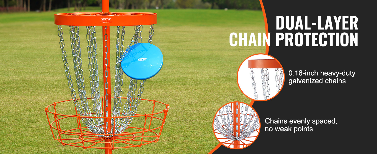 VEVOR disc golf basket with 0.16-inch heavy-duty galvanized chains on a green field. dual-layer chain protection.