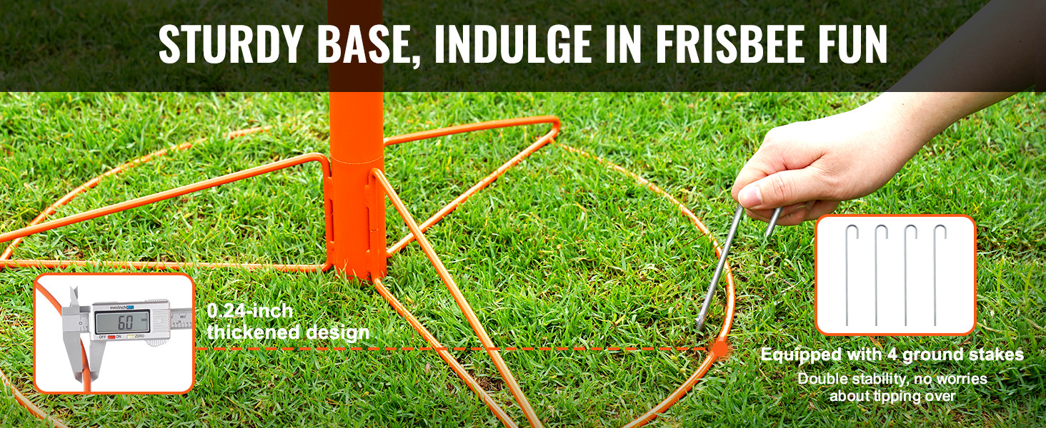 sturdy VEVOR disc golf basket base with ground stakes, 0.24-inch thickened design for stability.