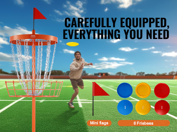 VEVOR disc golf basket on a field with mini flags and 6 frisbees in various colors.