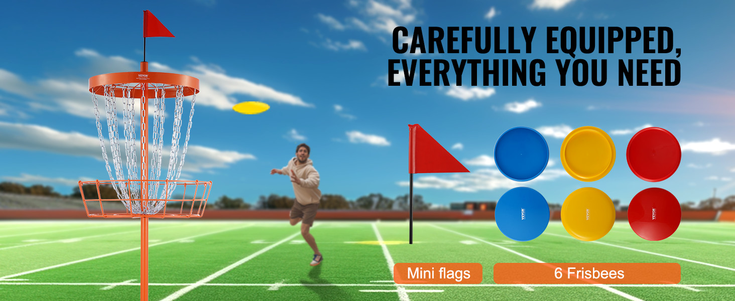 VEVOR disc golf basket on a field with mini flags and 6 frisbees in various colors.