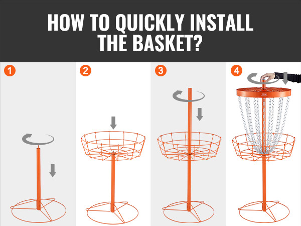 steps to quickly install the VEVOR disc golf basket with four illustrated steps.
