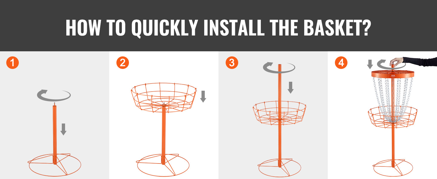 steps to quickly install the VEVOR disc golf basket with four illustrated steps.