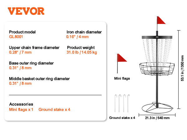 VEVOR disc golf basket gl8001 with flags, stakes, and detailed measurements, height 53.1 in, diameter 21.3 in.