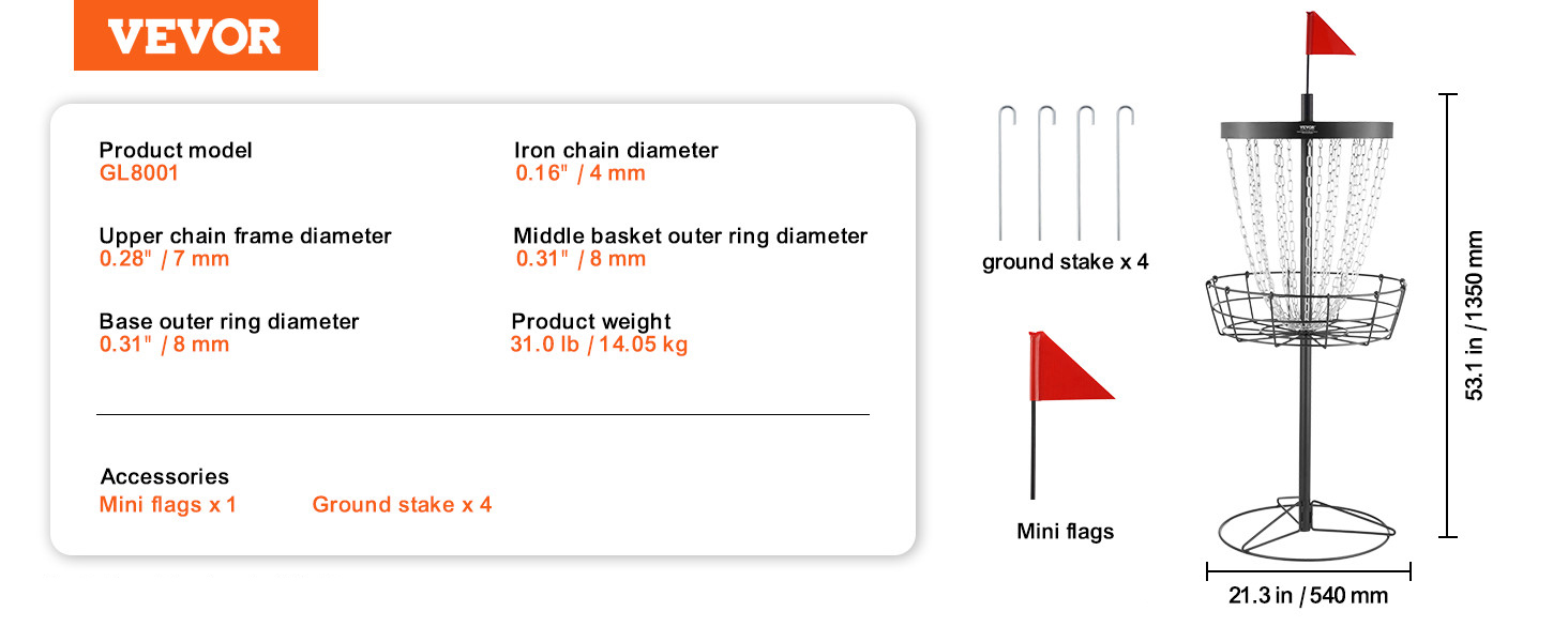 VEVOR disc golf basket gl8001 with flags, stakes, and detailed measurements, height 53.1 in, diameter 21.3 in.