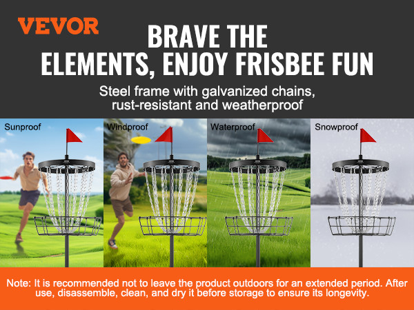 VEVOR disc golf basket, weatherproof with steel frame and galvanized chains, suitable for all conditions.