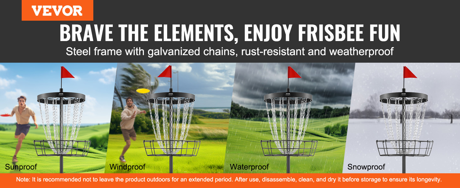 VEVOR disc golf basket, weatherproof with steel frame and galvanized chains, suitable for all conditions.