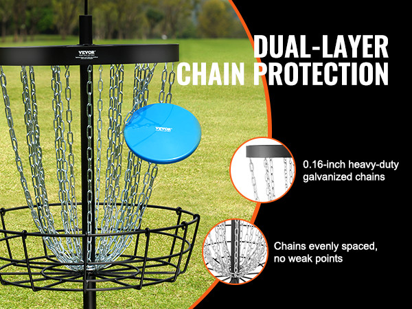 VEVOR disc golf basket with dual-layer chain protection and 0.16-inch galvanized chains on grass lawn.
