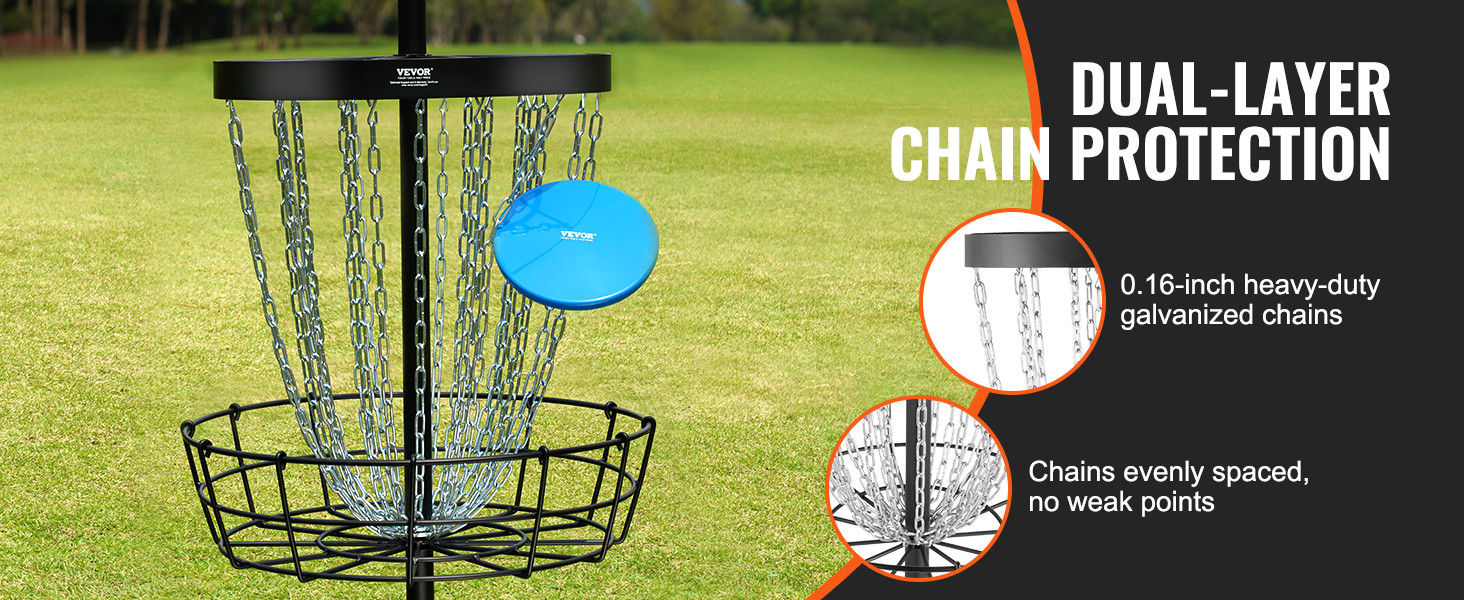 VEVOR disc golf basket with dual-layer chain protection and 0.16-inch galvanized chains on grass lawn.