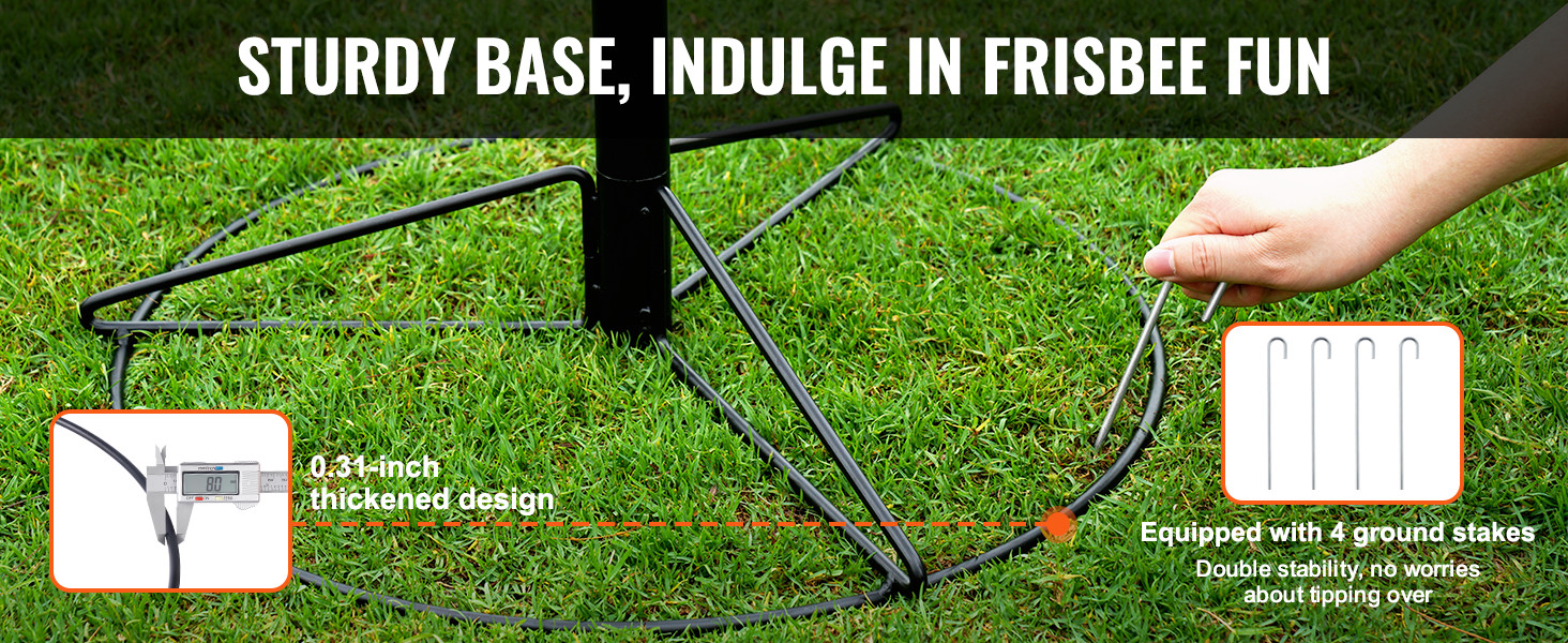 sturdy base of VEVOR disc golf basket on grass, secured with ground stakes and a hand placing a stake.