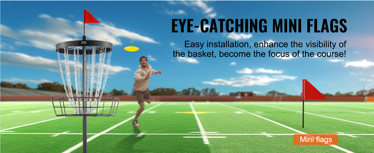 VEVOR disc golf basket features mini flags for improved visibility, perfect for any disc golf course.