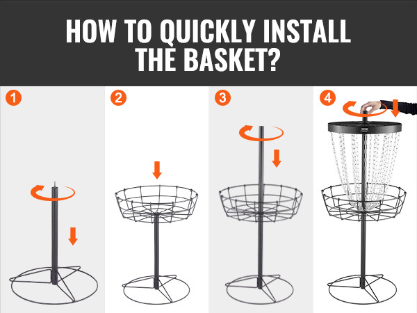 how to install the VEVOR disc golf basket in 4 steps, illustrated with step-by-step visuals.