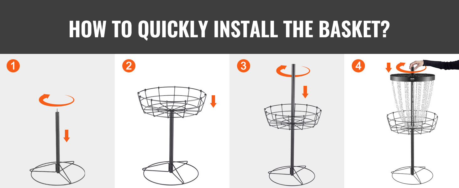 how to install the VEVOR disc golf basket in 4 steps, illustrated with step-by-step visuals.