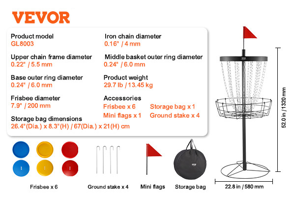 VEVOR disc golf basket gl8003 with 6 frisbees, storage bag, flags, stakes, and product dimensions.