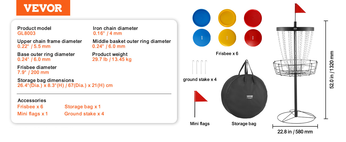 VEVOR disc golf basket gl8003 with 6 frisbees, storage bag, flags, stakes, and product dimensions.