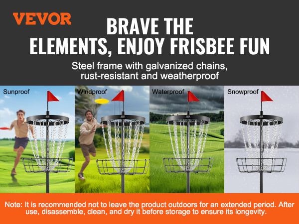 VEVOR disc golf basket showcasing sunproof, windproof, waterproof, and snowproof features for all weather.