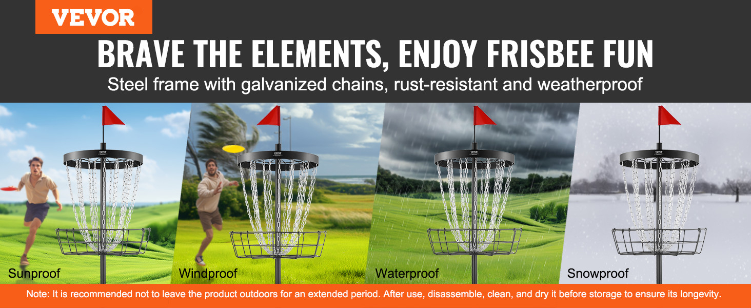VEVOR disc golf basket showcasing sunproof, windproof, waterproof, and snowproof features for all weather.