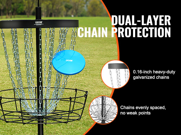 VEVOR disc golf basket featuring dual-layer chain protection with heavy-duty galvanized chains.