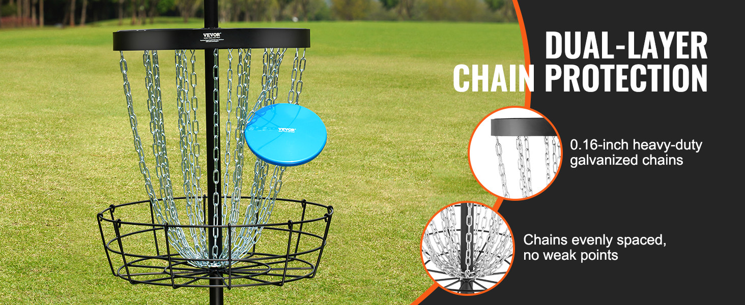 VEVOR disc golf basket featuring dual-layer chain protection with heavy-duty galvanized chains.