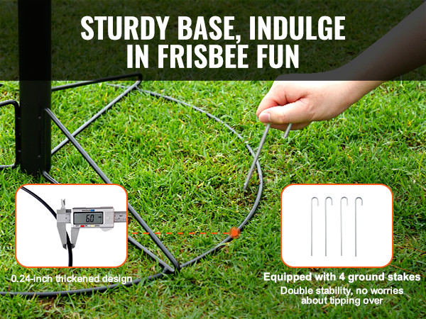 sturdy base of VEVOR disc golf basket anchored with stakes, ensuring stability on grass.
