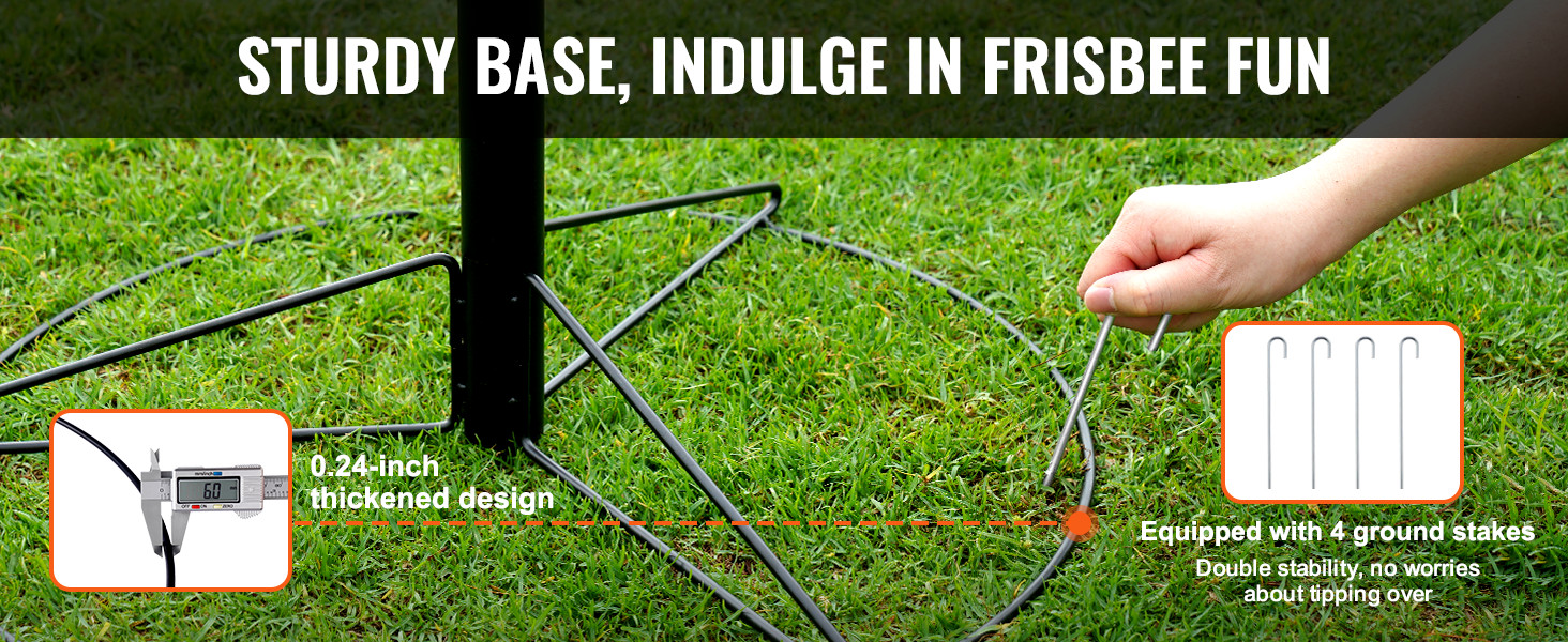 sturdy base of VEVOR disc golf basket anchored with stakes, ensuring stability on grass.