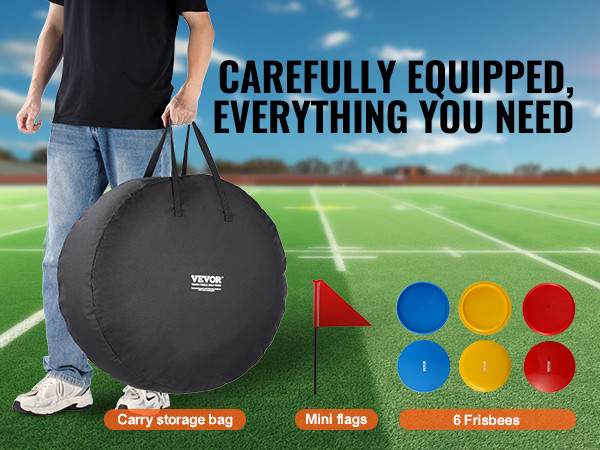 carry storage bag, mini flags, and 6 frisbees for VEVOR disc golf basket on a green field background.