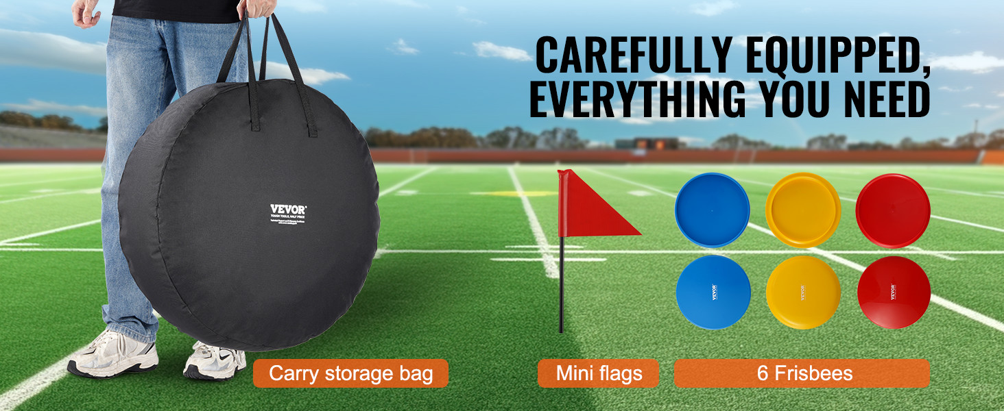 carry storage bag, mini flags, and 6 frisbees for VEVOR disc golf basket on a green field background.