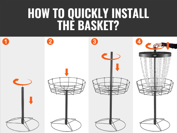 how to install VEVOR disc golf basket in four steps: attach and secure the pole, basket, and chains.