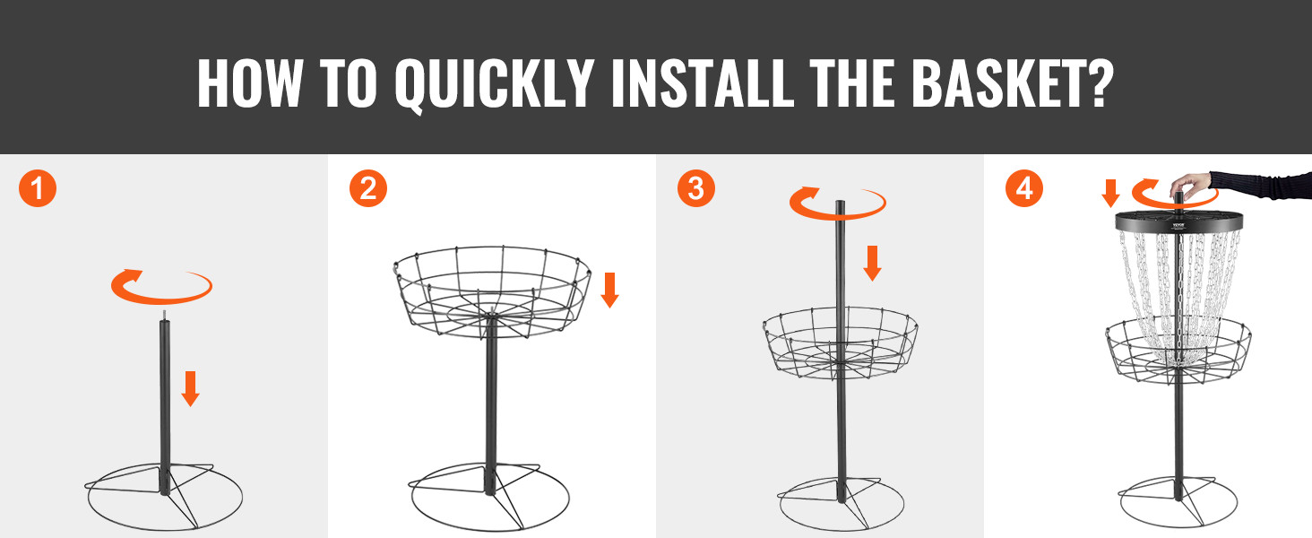 how to install VEVOR disc golf basket in four steps: attach and secure the pole, basket, and chains.