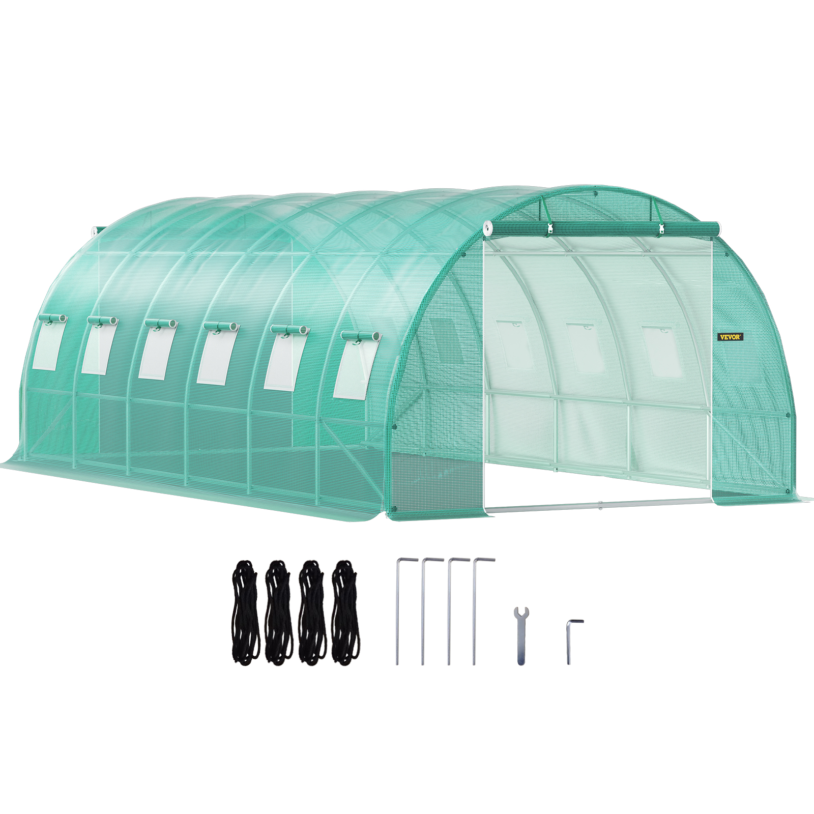 VEVOR tuneļveida siltumnīca ar ventilācijas logiem un komplektā iekļautajiem montāžas instrumentiem.