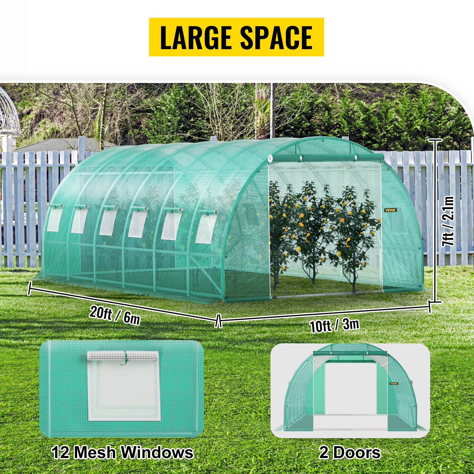 VEVOR tuneļveida siltumnīca ar 12 linuma logiem, lielu platību, 2 durvīm, 20 ft x 10 ft izmērs.