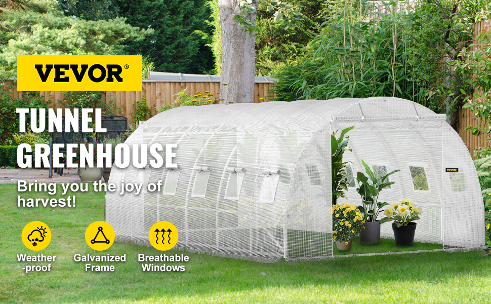 VEVOR tunnel greenhouse in a garden, featuring weatherproof cover, galvanized frame, and breathable windows.