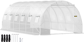 VEVOR tunnel greenhouse, white structure with ventilation windows, includes stakes and ropes.