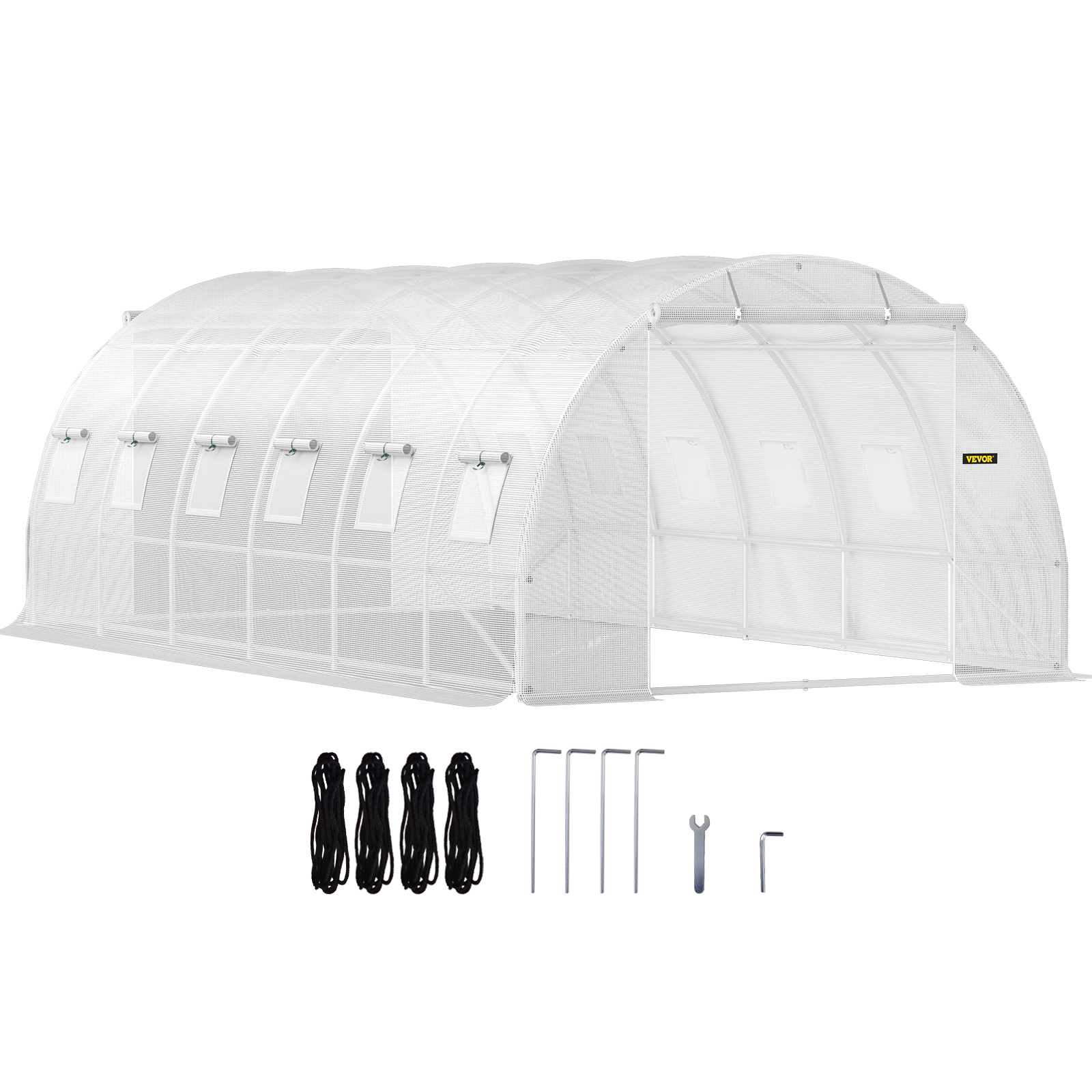 VEVOR tunnel greenhouse with accessories for installation, featuring multiple ventilation windows.