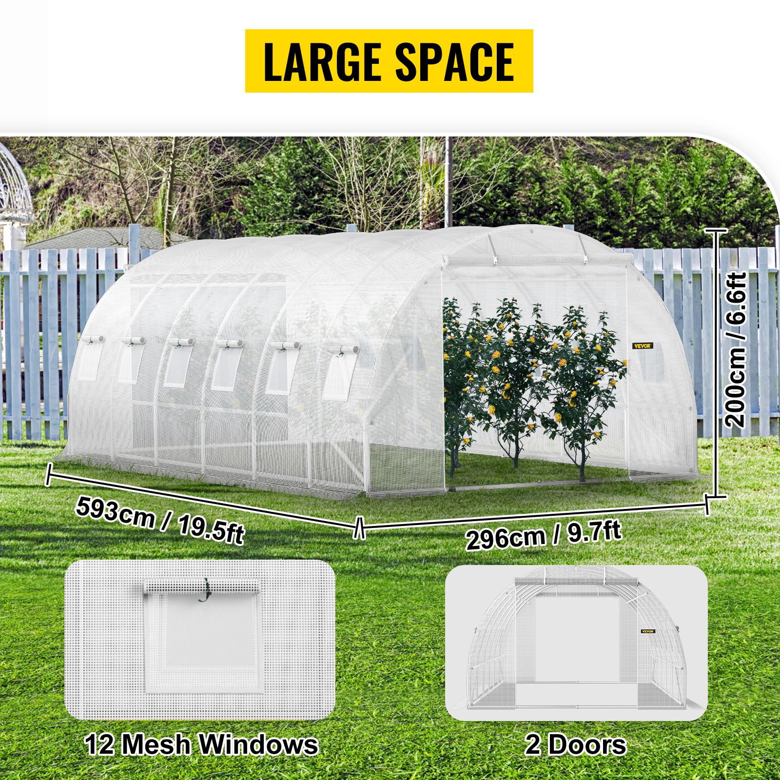VEVOR tunnel greenhouse with 12 mesh windows, 2 doors, and large space of 20ft x 10ft x 7ft.